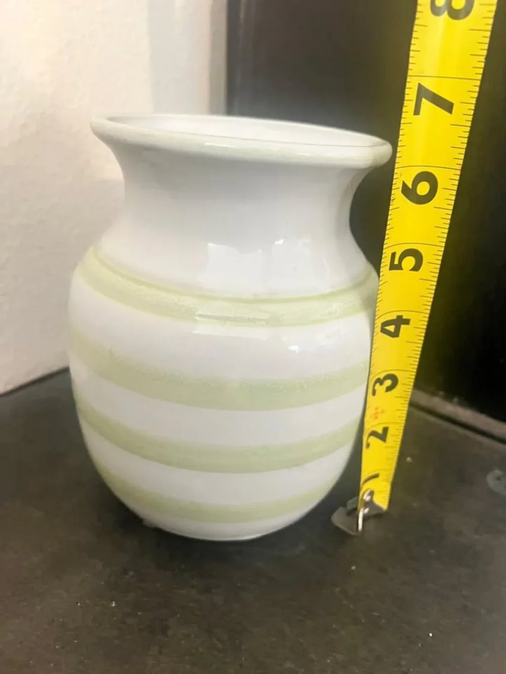 Vintage Cream Ceramic Bud Vase with Green Stripe Banding
